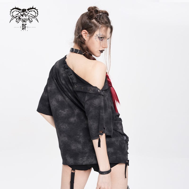 DEVIL FASHION Women's Punk Lilimar Printed Ripped T-shirt