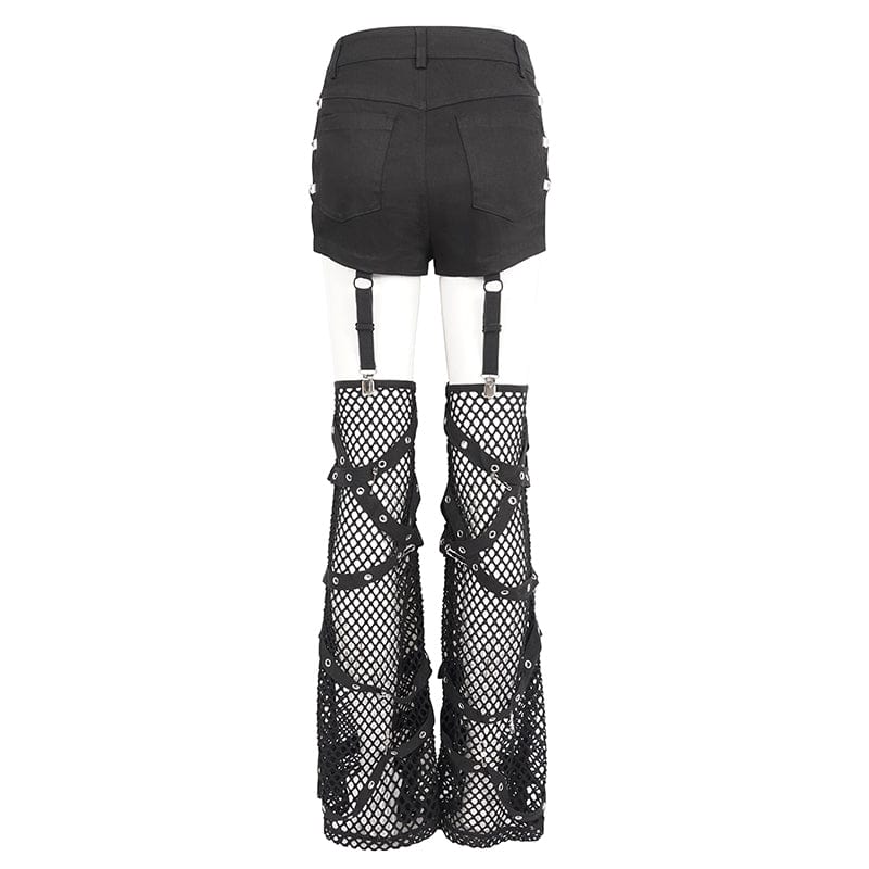 DEVIL FASHION Women's Punk Mesh Cutout Buckle Stud Shorts