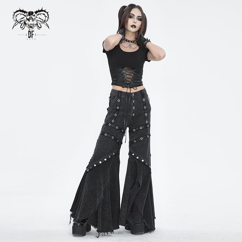 DEVIL FASHION Women's Punk Mesh Eyelets Ruffled Flared Pants