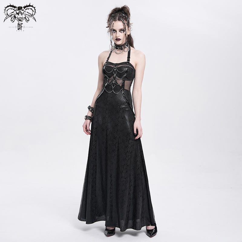 DEVIL FASHION Women's Punk Mesh Splice Chained Halterneck Honeymoon Dress