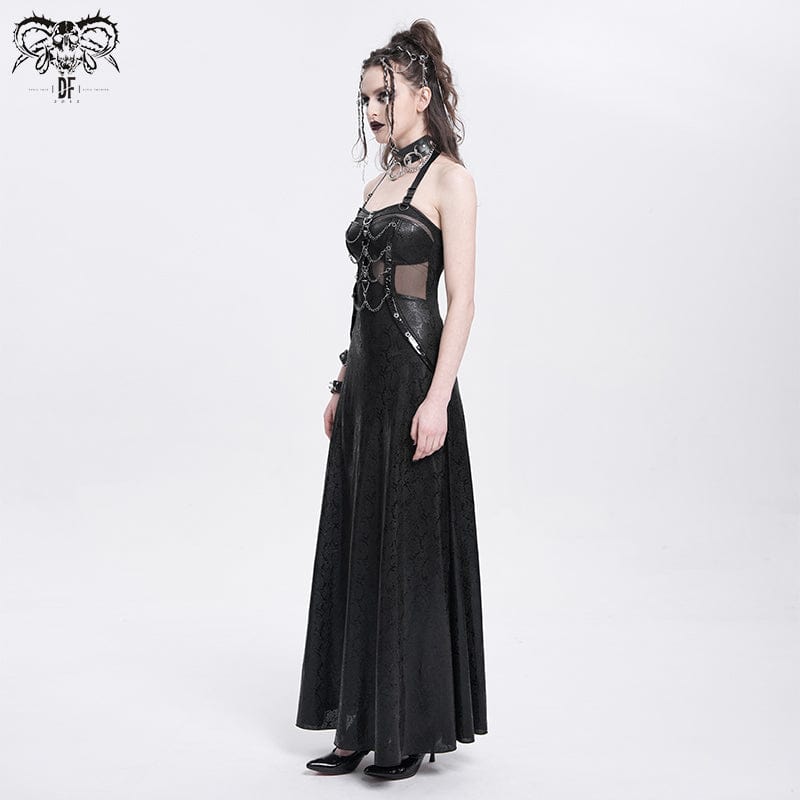 DEVIL FASHION Women's Punk Mesh Splice Chained Halterneck Honeymoon Dress