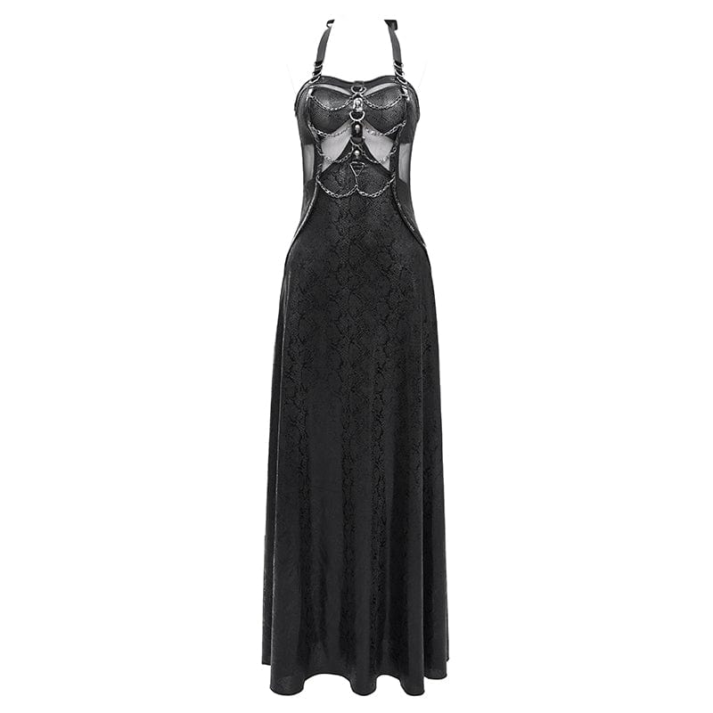 DEVIL FASHION Women's Punk Mesh Splice Chained Halterneck Honeymoon Dress