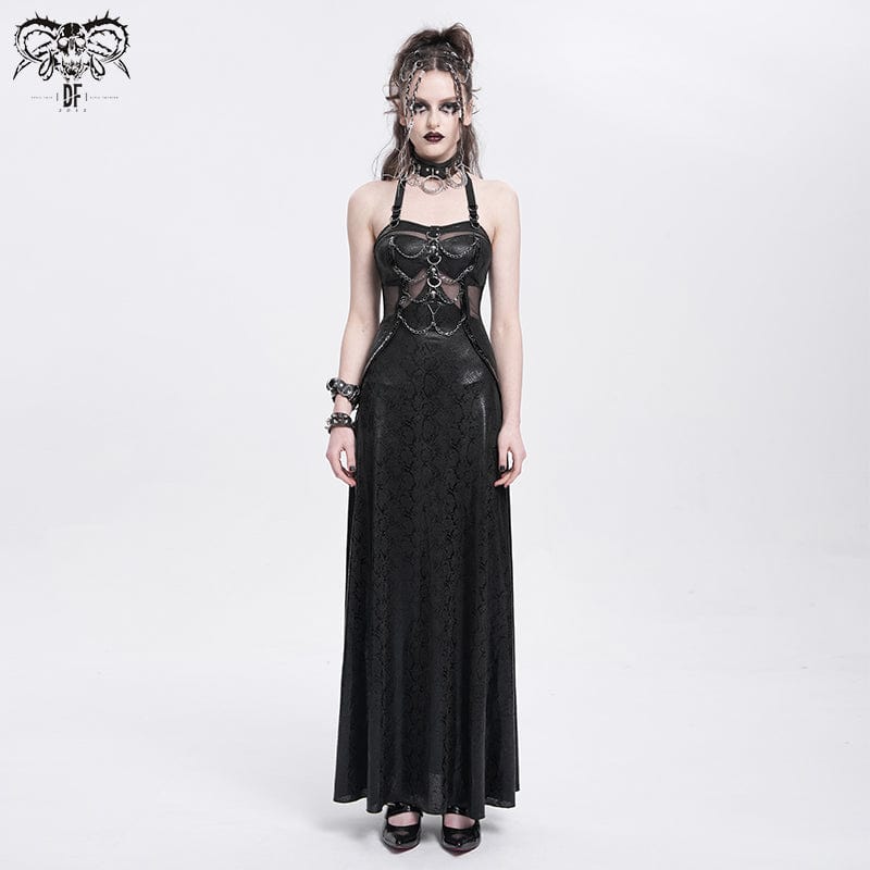 DEVIL FASHION Women's Punk Mesh Splice Chained Halterneck Honeymoon Dress