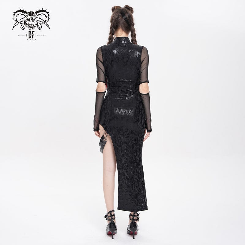 DEVIL FASHION Women's Punk Mesh Splice Cutout Dress with Detachable Strap