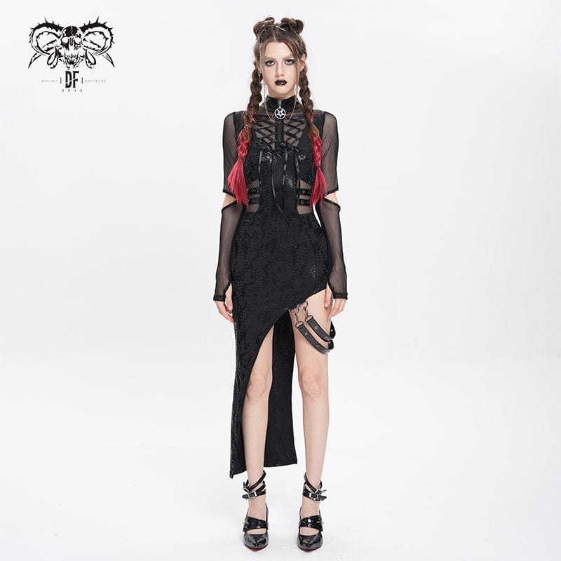 DEVIL FASHION Women's Punk Mesh Splice Cutout Dress with Detachable Strap