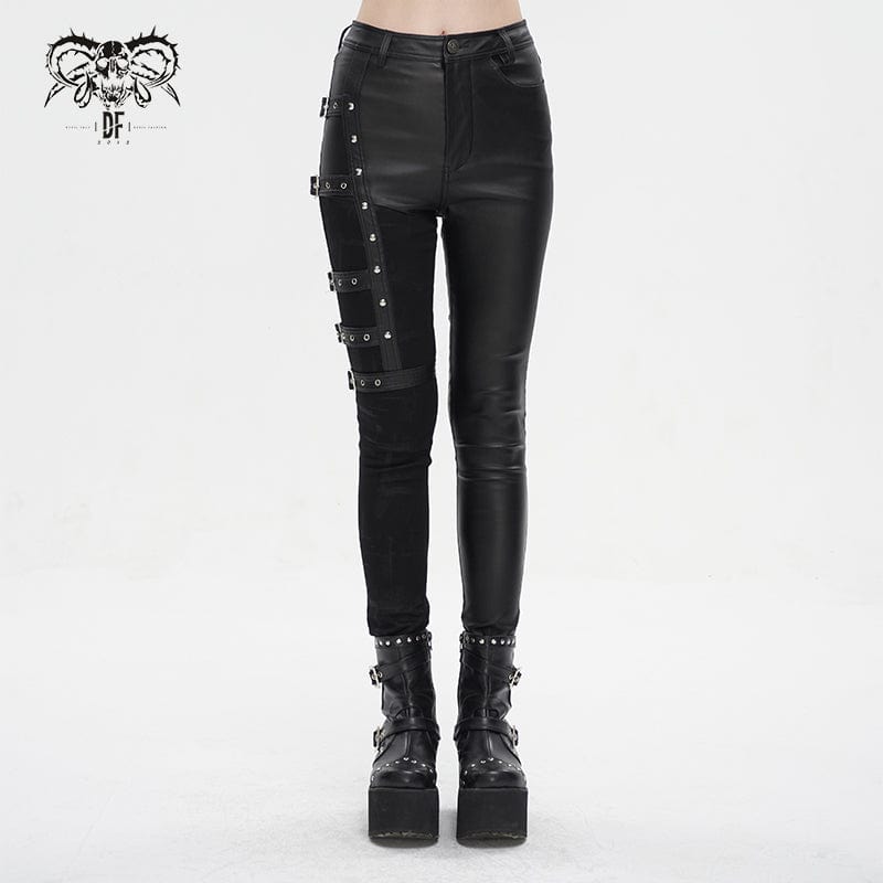 DEVIL FASHION Women's Punk Multi-buckle Splice Pants
