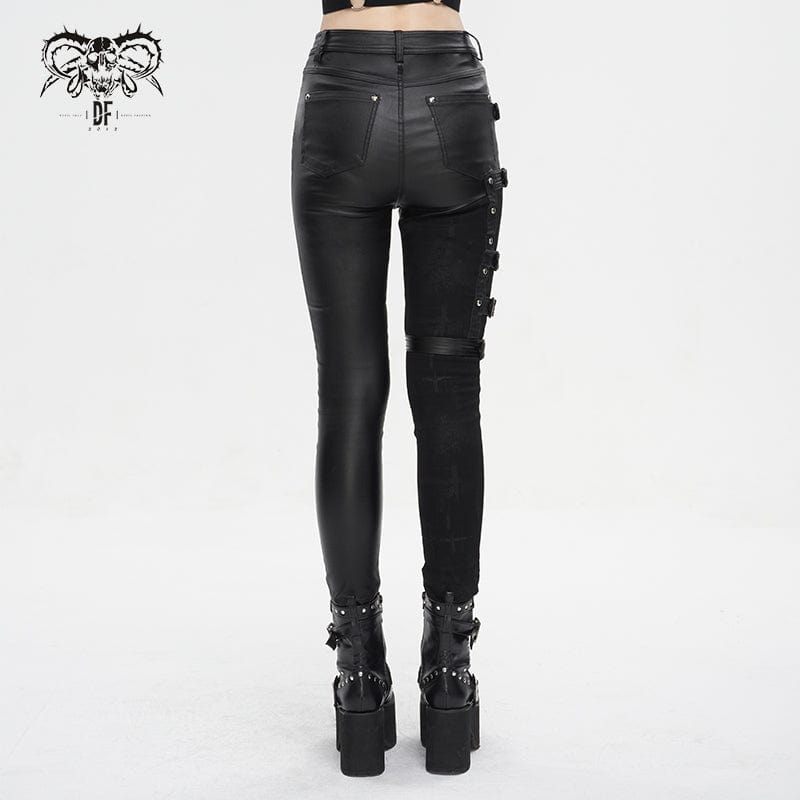 DEVIL FASHION Women's Punk Multi-buckle Splice Pants