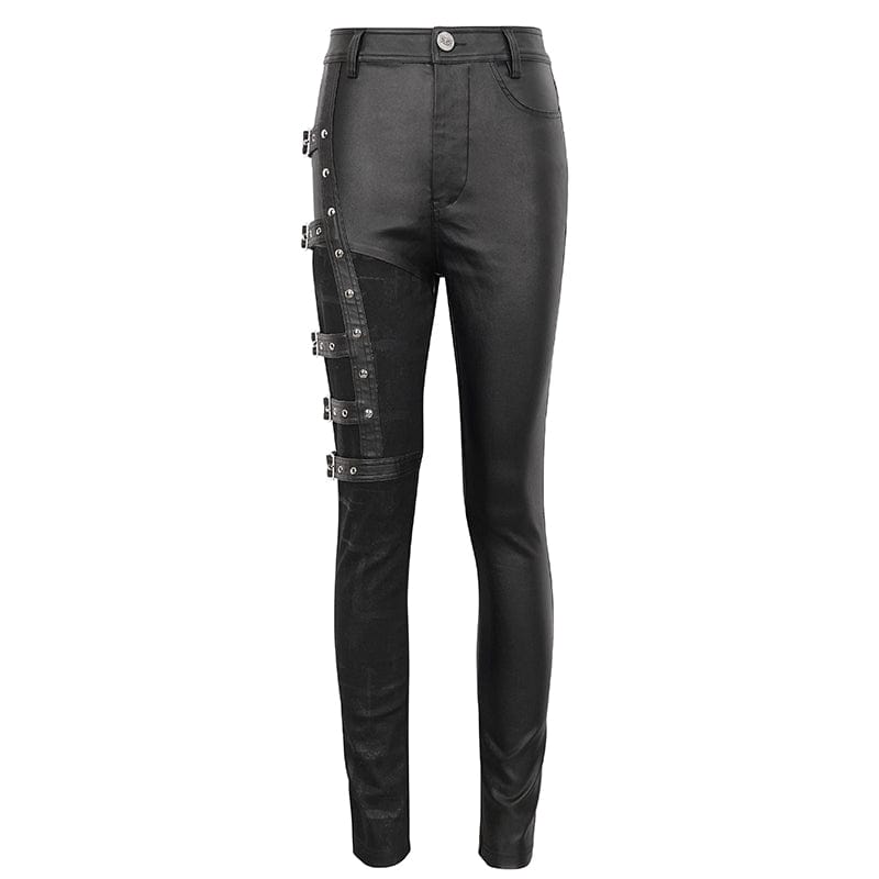 DEVIL FASHION Women's Punk Multi-buckle Splice Pants