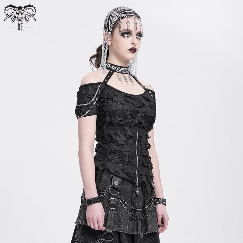 DEVIL FASHION Women's Punk Off-the-shoulder Ripped Shirt