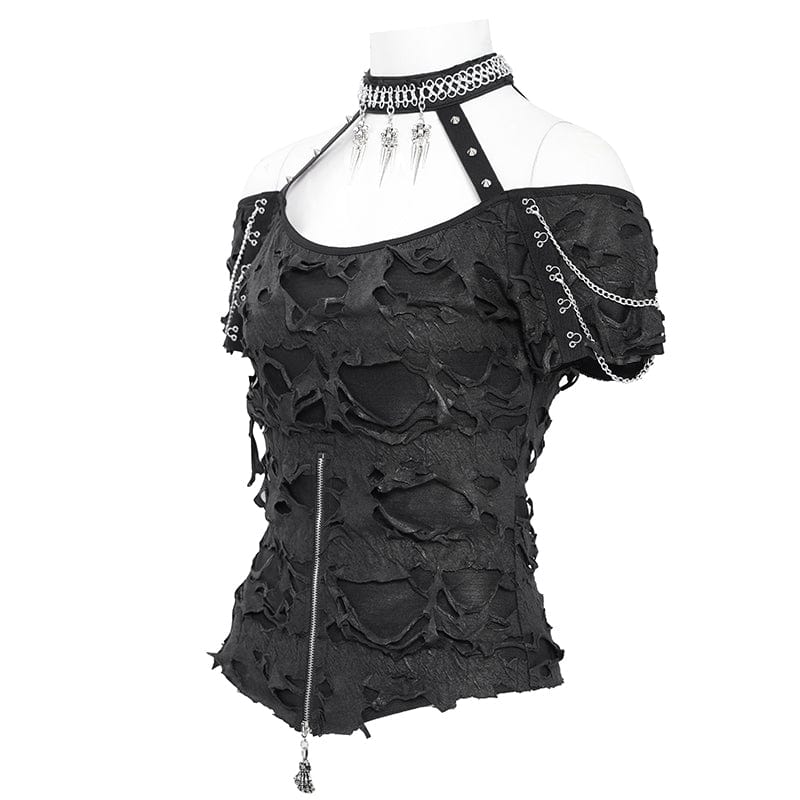 DEVIL FASHION Women's Punk Off-the-shoulder Ripped Shirt