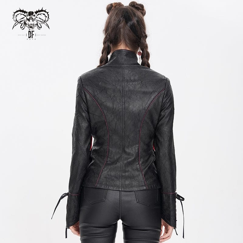 DEVIL FASHION Women's Punk Pentacle Buckle Strap Lace-up Jacket Black