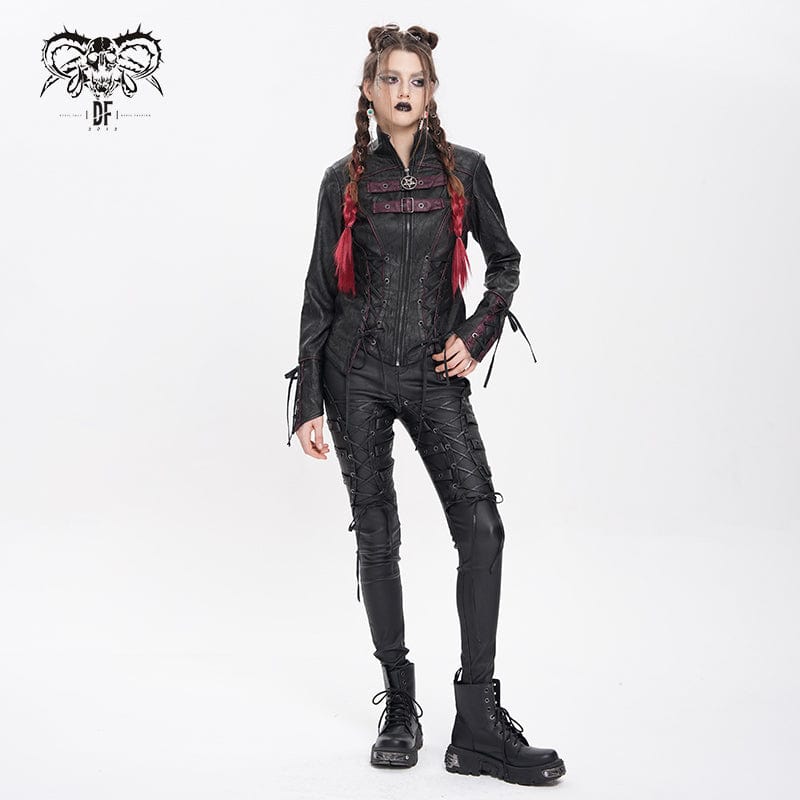 DEVIL FASHION Women's Punk Pentacle Buckle Strap Lace-up Jacket Black