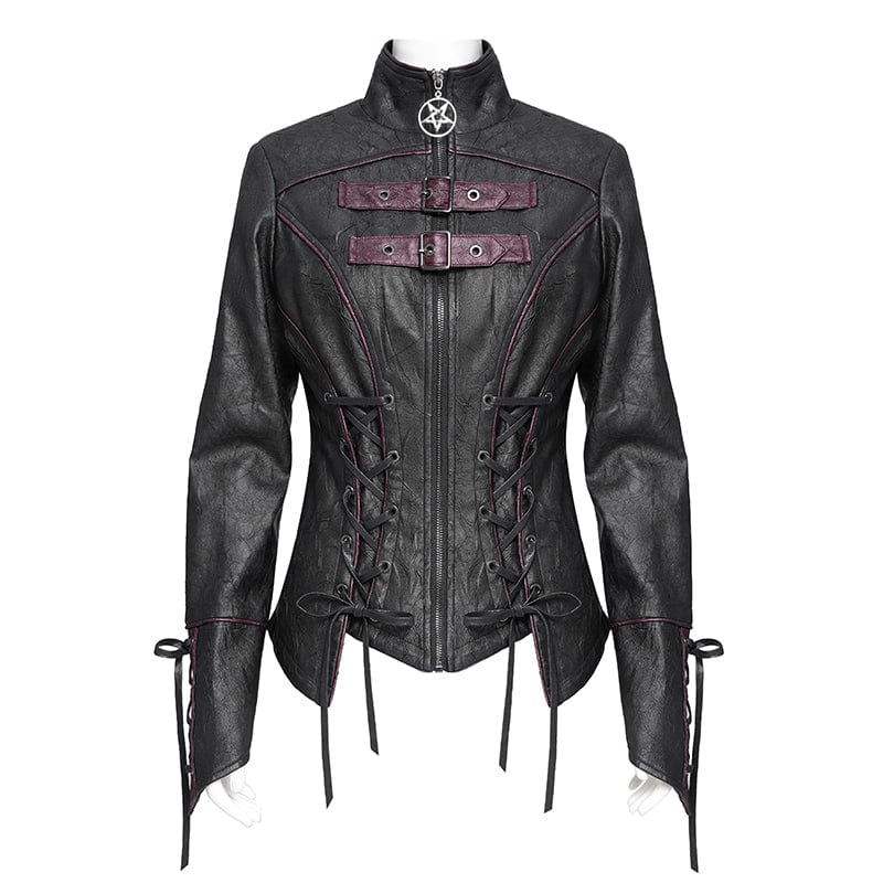 DEVIL FASHION Women's Punk Pentacle Buckle Strap Lace-up Jacket Black