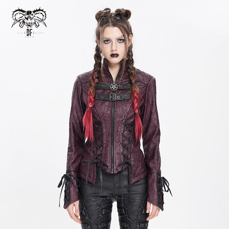 DEVIL FASHION Women's Punk Pentacle Buckle Strap Lace-up Jacket Red
