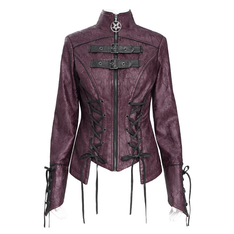DEVIL FASHION Women's Punk Pentacle Buckle Strap Lace-up Jacket Red