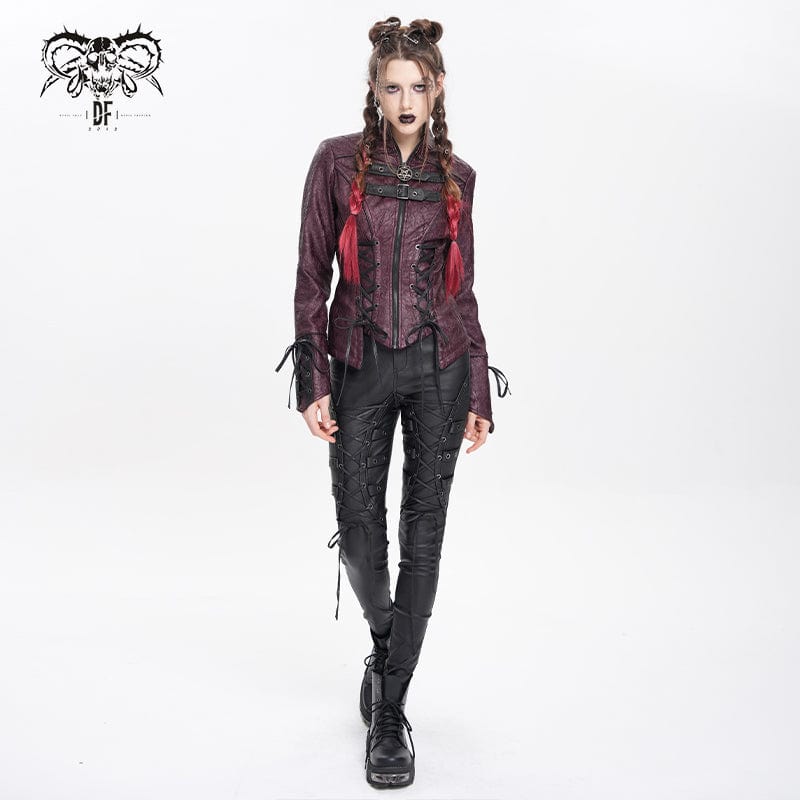 DEVIL FASHION Women's Punk Pentacle Buckle Strap Lace-up Jacket Red