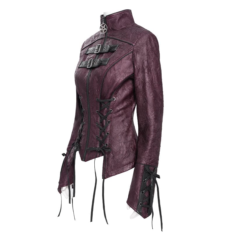 DEVIL FASHION Women's Punk Pentacle Buckle Strap Lace-up Jacket Red