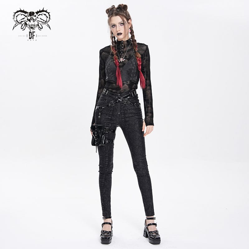 DEVIL FASHION Women's Punk Printed Buckle Strap Pants with Leg Bag