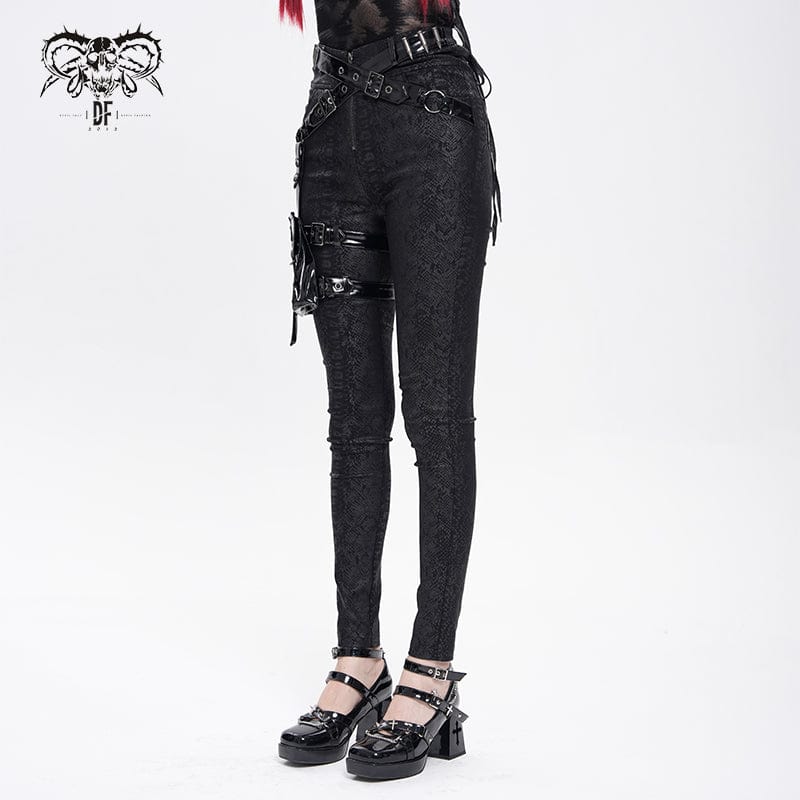 DEVIL FASHION Women's Punk Printed Buckle Strap Pants with Leg Bag