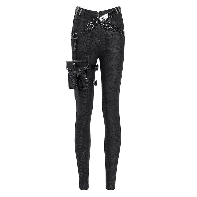 DEVIL FASHION Women's Punk Printed Buckle Strap Pants with Leg Bag