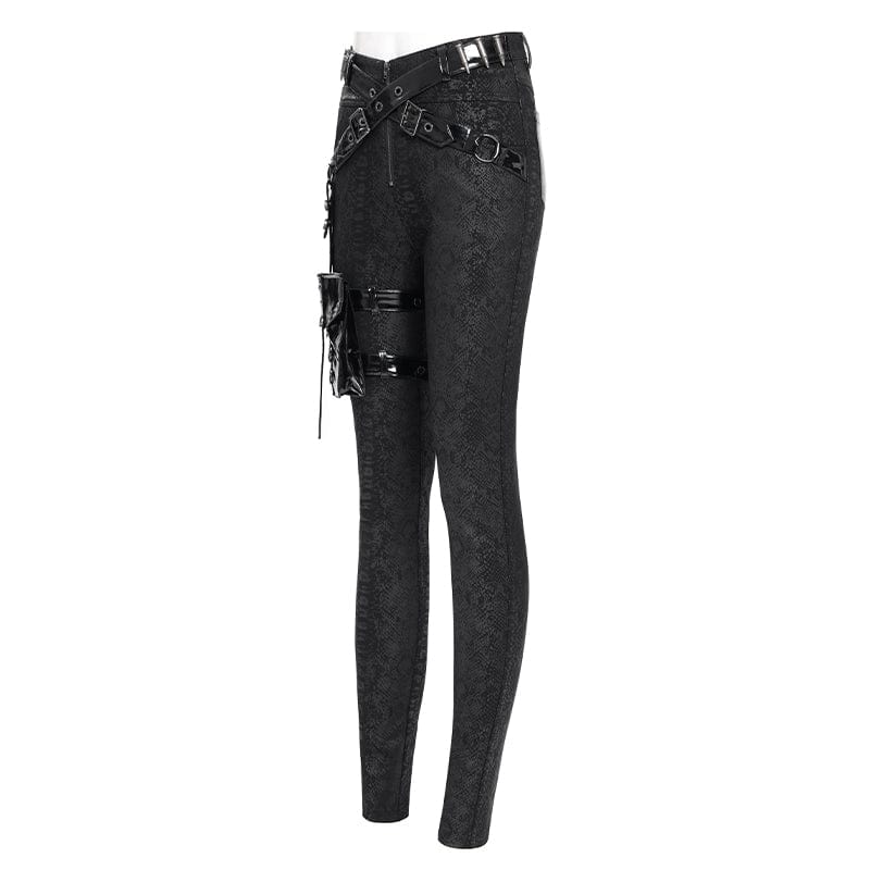 DEVIL FASHION Women's Punk Printed Buckle Strap Pants with Leg Bag