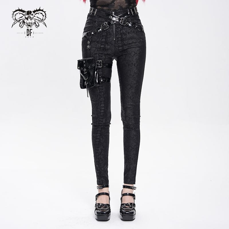 DEVIL FASHION Women's Punk Printed Buckle Strap Pants with Leg Bag