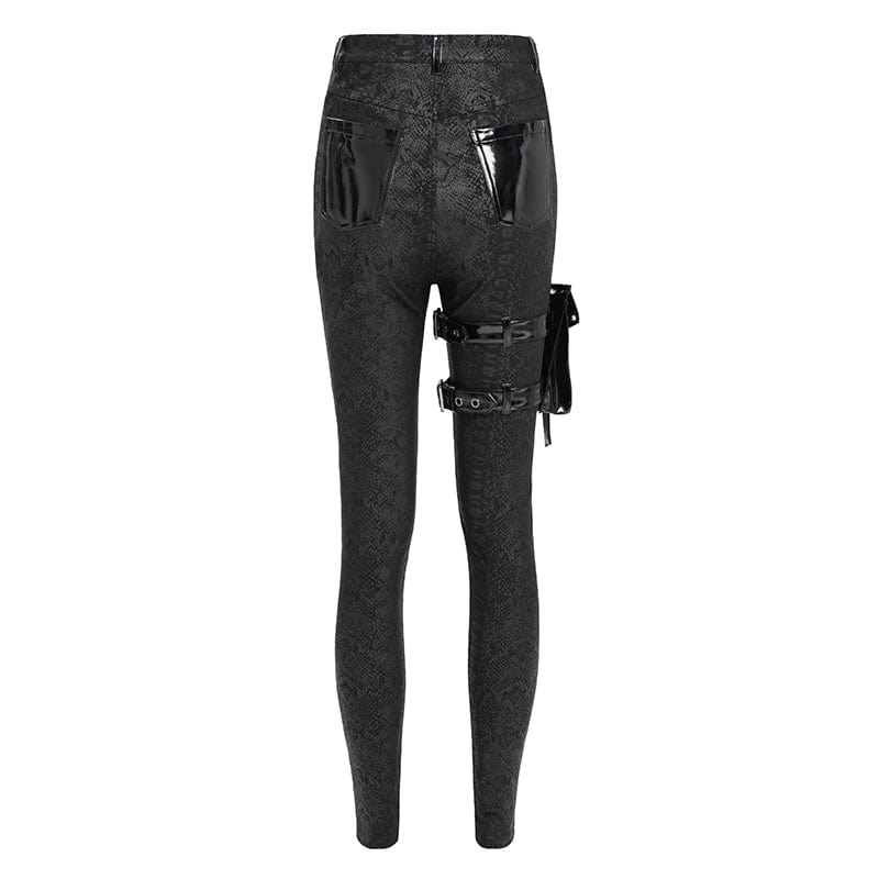 DEVIL FASHION Women's Punk Printed Buckle Strap Pants with Leg Bag