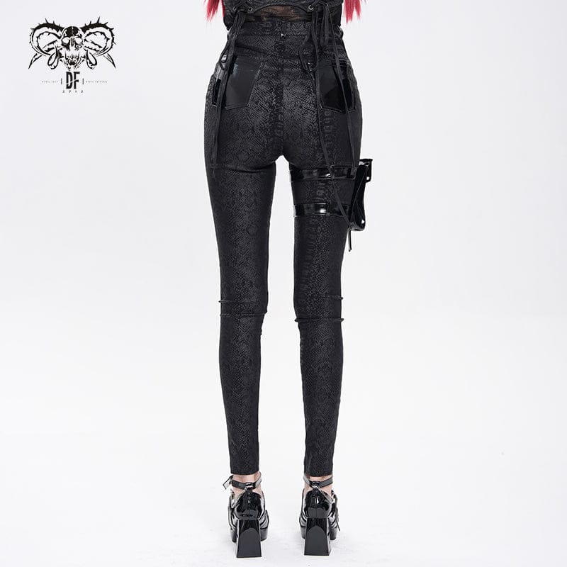 DEVIL FASHION Women's Punk Printed Buckle Strap Pants with Leg Bag