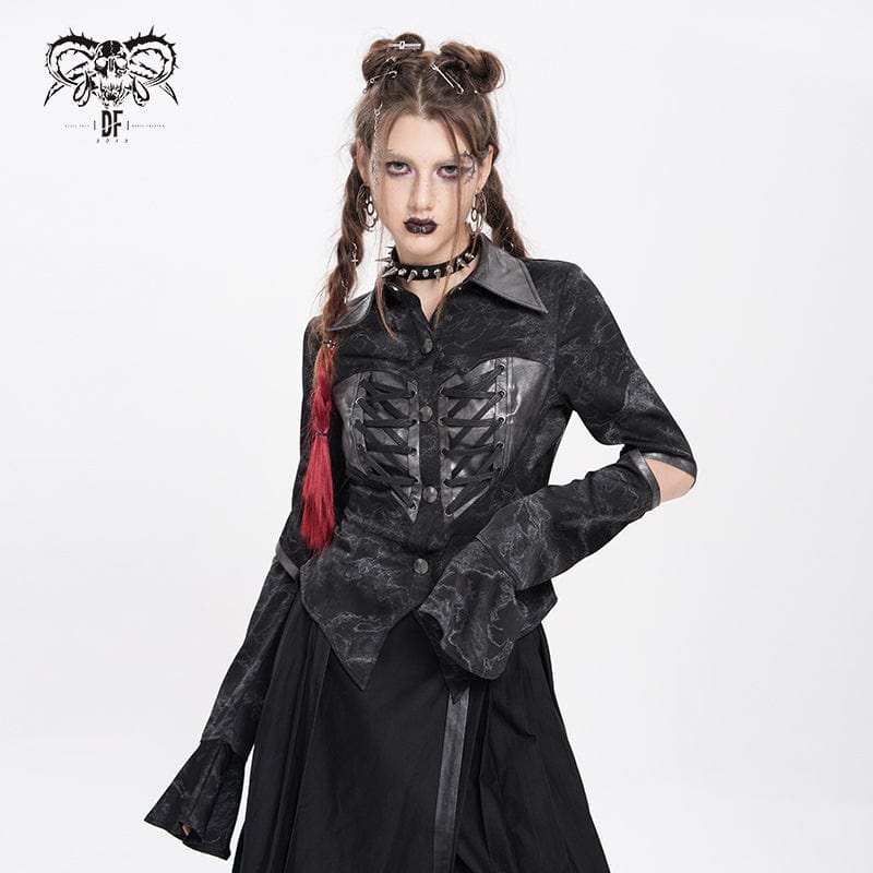 DEVIL FASHION Women's Punk Printed Cutout Turtleneck Shirt