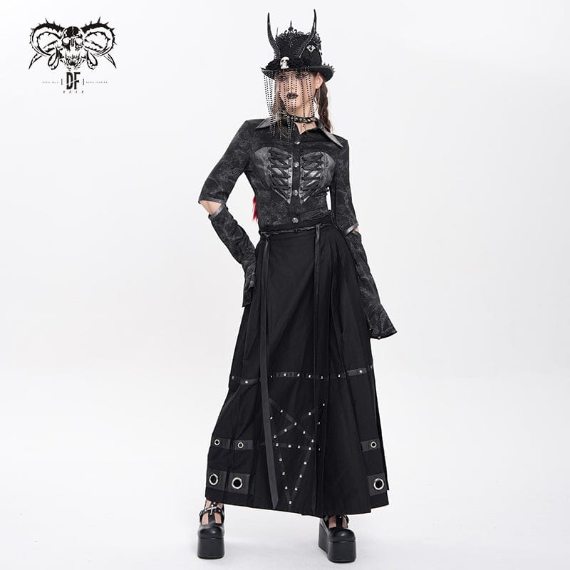 DEVIL FASHION Women's Punk Printed Cutout Turtleneck Shirt