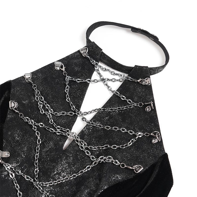 DEVIL FASHION Women's Punk Rivets Strap Chain Halterneck Dress