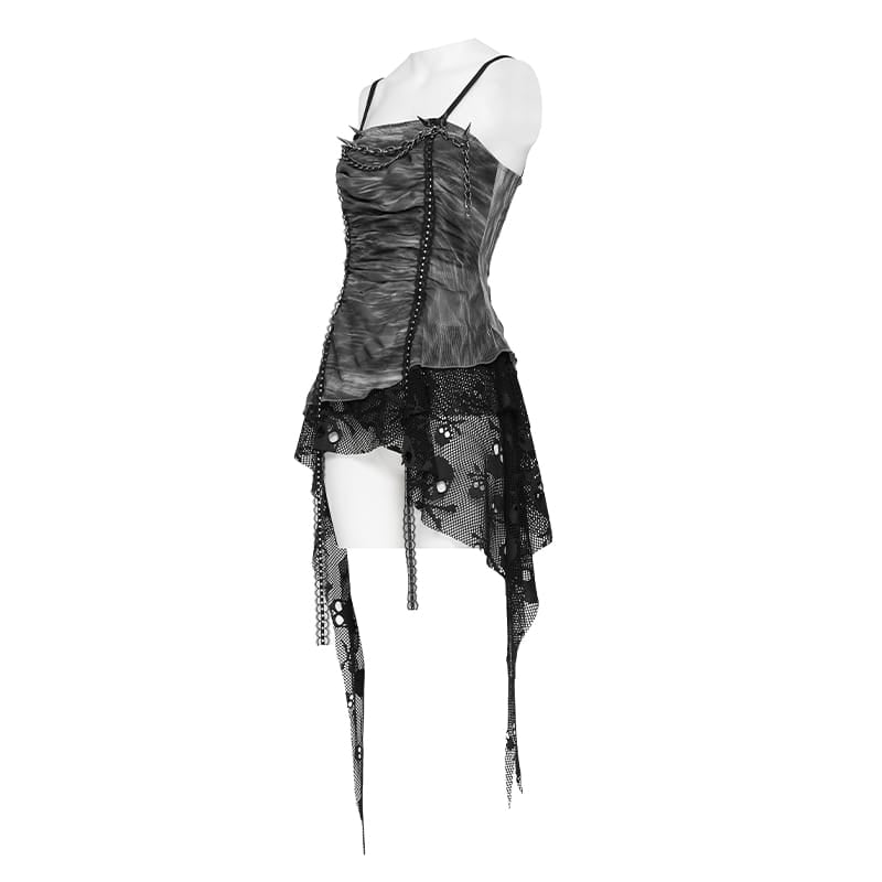 DEVIL FASHION Women's Punk Spiked Chained Asymmetric Tank Top