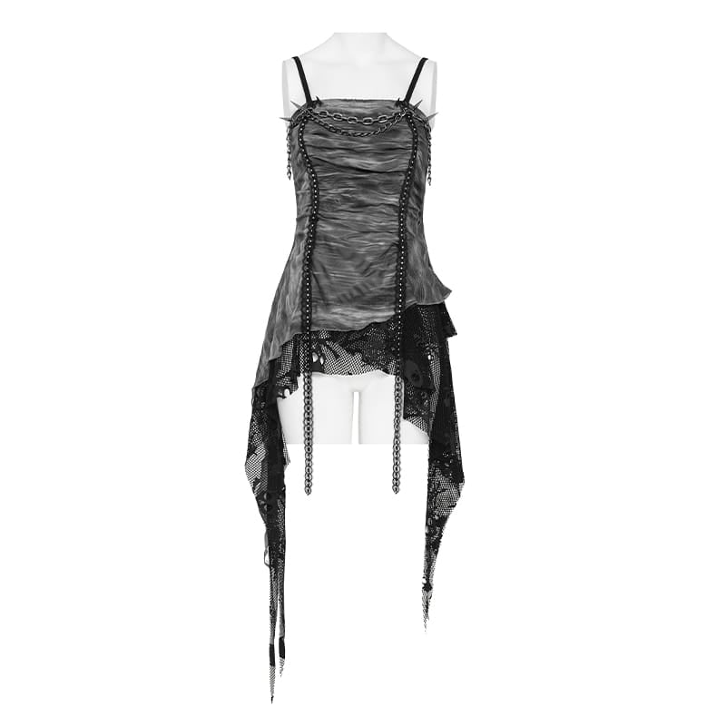 DEVIL FASHION Women's Punk Spiked Chained Asymmetric Tank Top