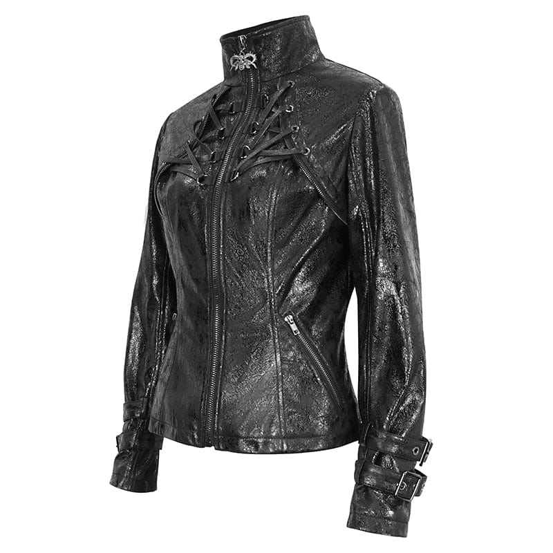 DEVIL FASHION Women's Punk Stand Collar Crackled Buckle Jacket