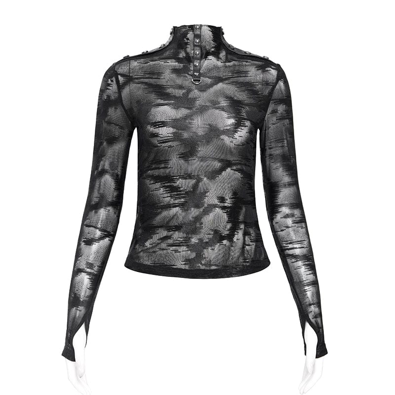 DEVIL FASHION Women's Punk Stand Collar Studded Mesh Shirt
