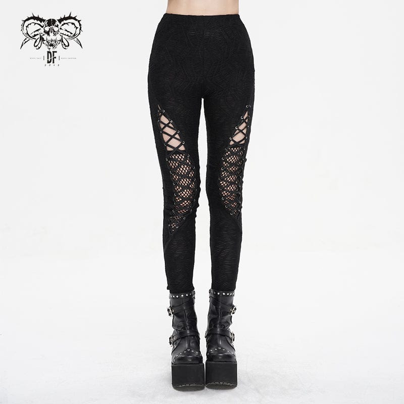 DEVIL FASHION Women's Punk Strappy Mesh Splice Ruched Leggings