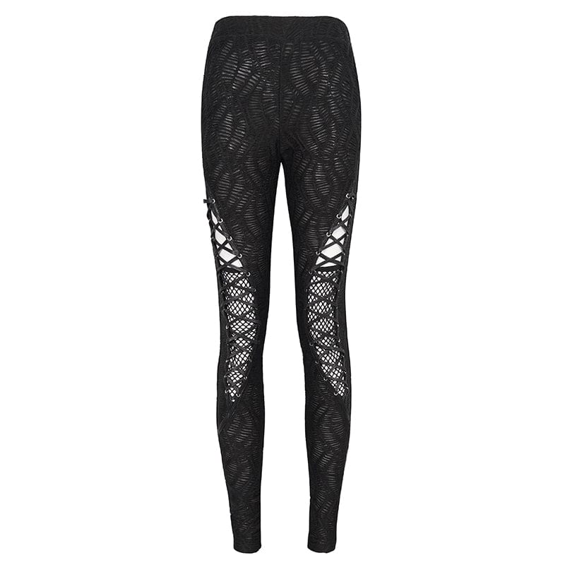DEVIL FASHION Women's Punk Strappy Mesh Splice Ruched Leggings