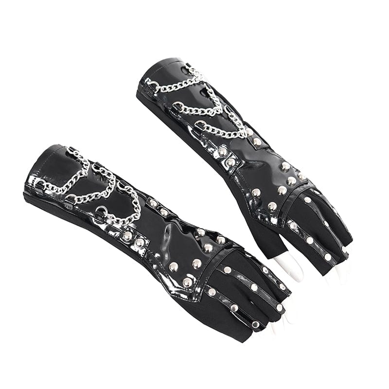 DEVIL FASHION Women's Punk Studded Chained Faux Leather Half-finger Gloves