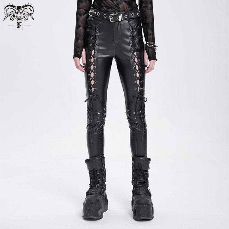 DEVIL FASHION Women's Punk Studded Lace-up Pants