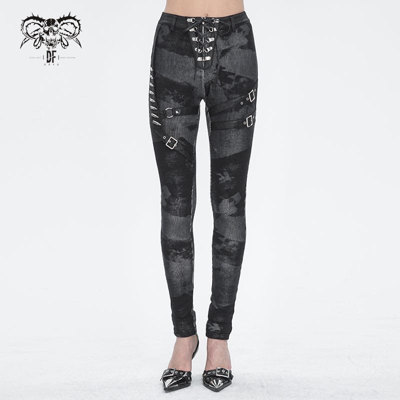 DEVIL FASHION Women's Punk Tie-dyed Buckle Lace-Up Leggings Black