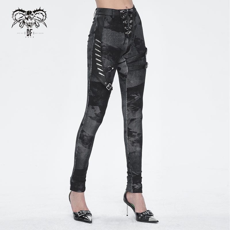 DEVIL FASHION Women's Punk Tie-dyed Buckle Lace-Up Leggings Black