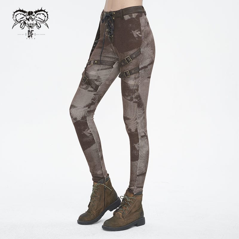 DEVIL FASHION Women's Punk Tie-dyed Buckle Lace-Up Leggings Coffee