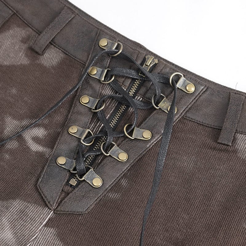 DEVIL FASHION Women's Punk Tie-dyed Buckle Lace-Up Leggings Coffee