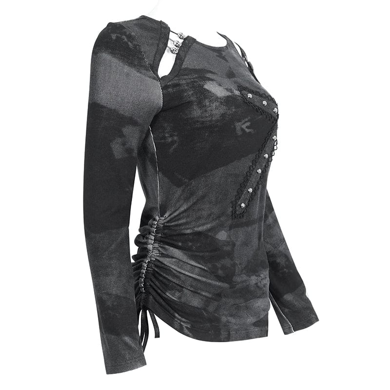 DEVIL FASHION Women's Punk Tie-dyed Cutout Long Sleeved Shirt