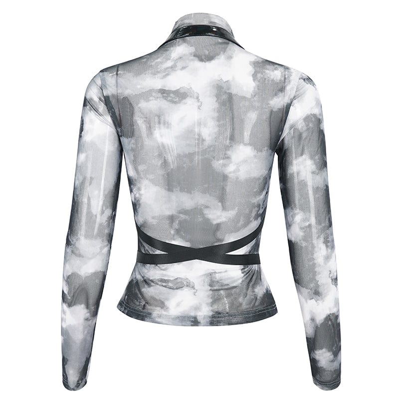 DEVIL FASHION Women's Punk Tie-dyed Strappy Long Sleeved Shirt