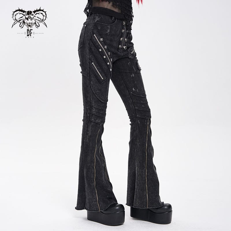 DEVIL FASHION Women's Punk Zipper-accented Pleated Flared Pants