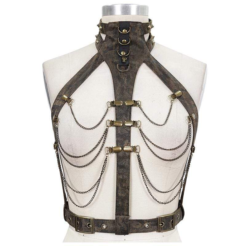 DEVIL FASHION Women's Steampunk Brown Body Harness with Brass Chain