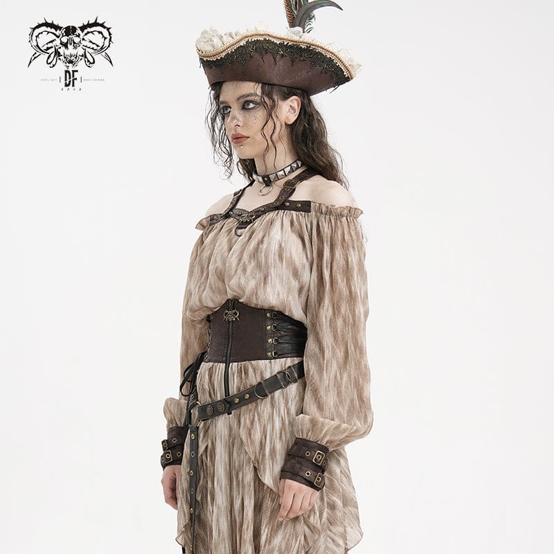 DEVIL FASHION Women's Steampunk Buckle-up Halter Long Sleeve Blouses Coffee