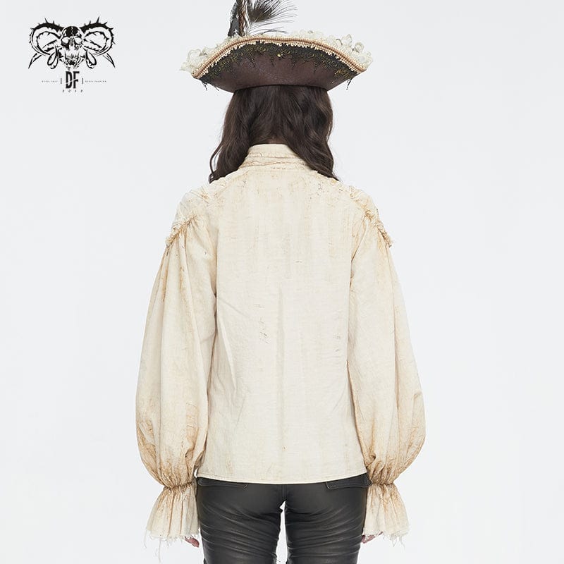 DEVIL FASHION Women's Steampunk Stand Collar Puff Sleeved Beige Shirt
