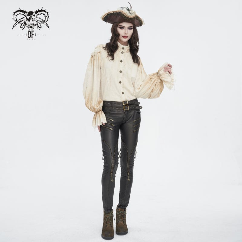 DEVIL FASHION Women's Steampunk Stand Collar Puff Sleeved Beige Shirt